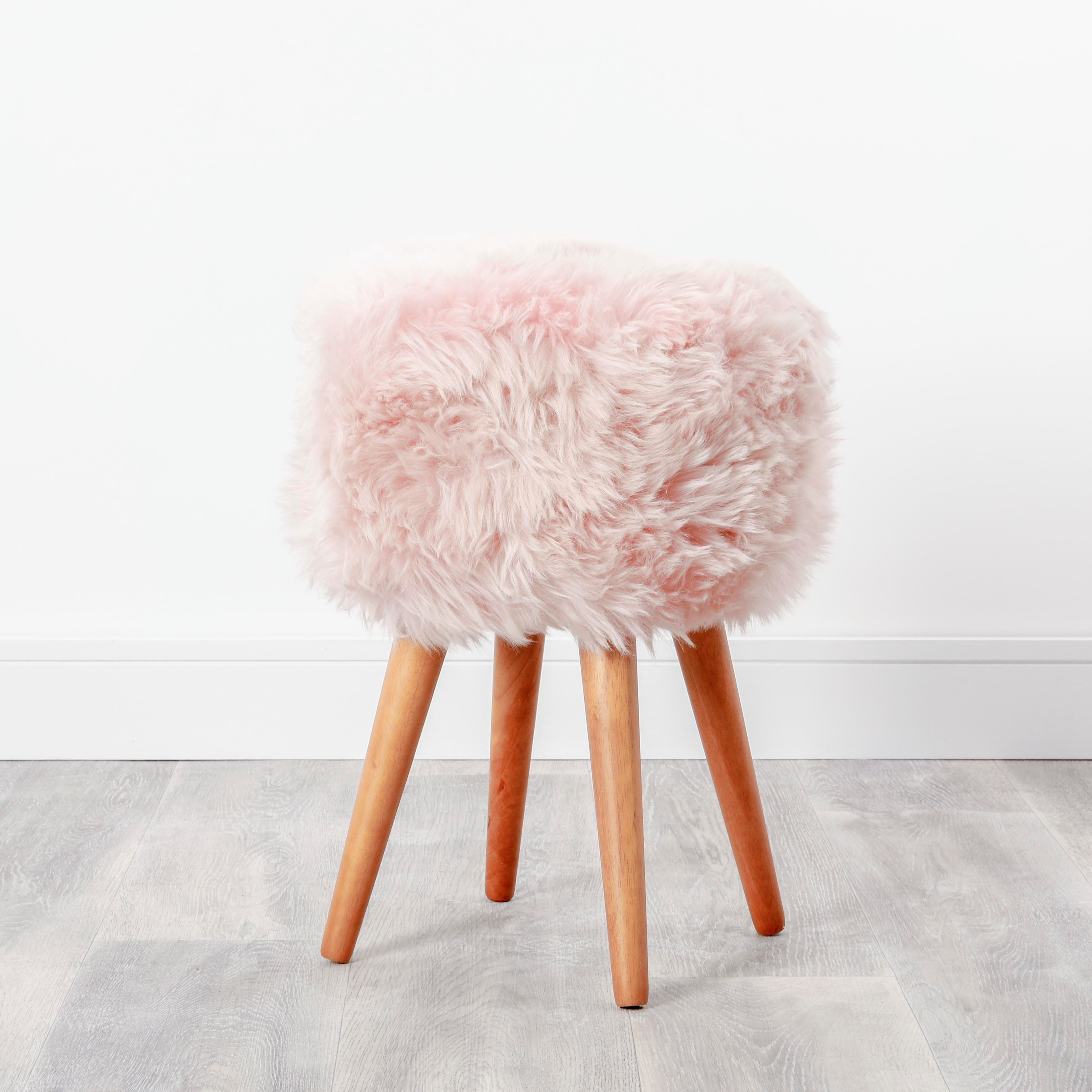 Blush Pink Sheepskin Wood Stool - Woodstain – Rainhall